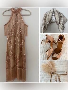 Roaring 20’s Great Gatsby 6pc set (dress, shawl,heels,headband,earrings,gloves)